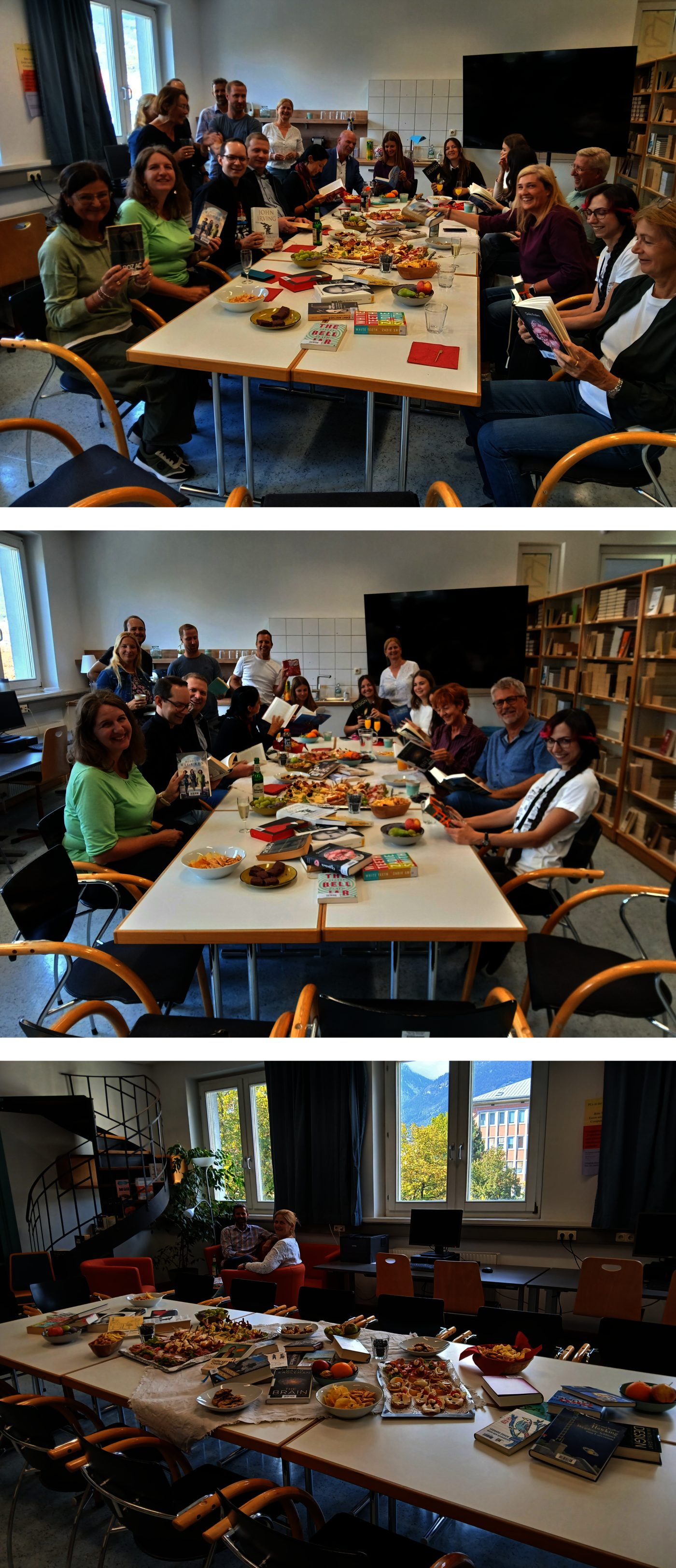 Buchclub-Treffen mit vielen Büchern und Snacks im Raum Innsbruck